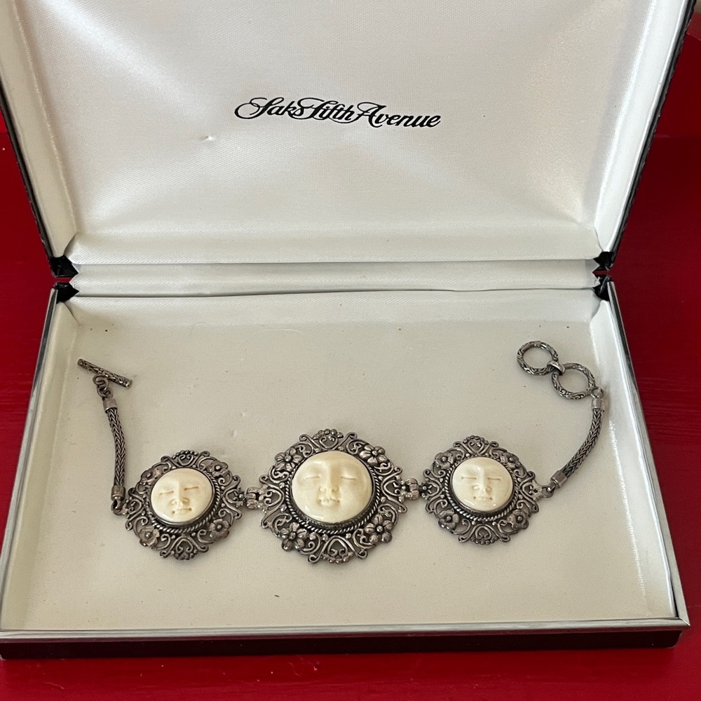 Crescent Moon Face Bone Sterling Silver Bracelet by Sajen